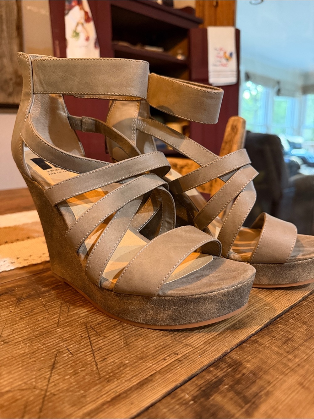 Neutral Taupe Strappy Wedge Sandals with Ankle Strap